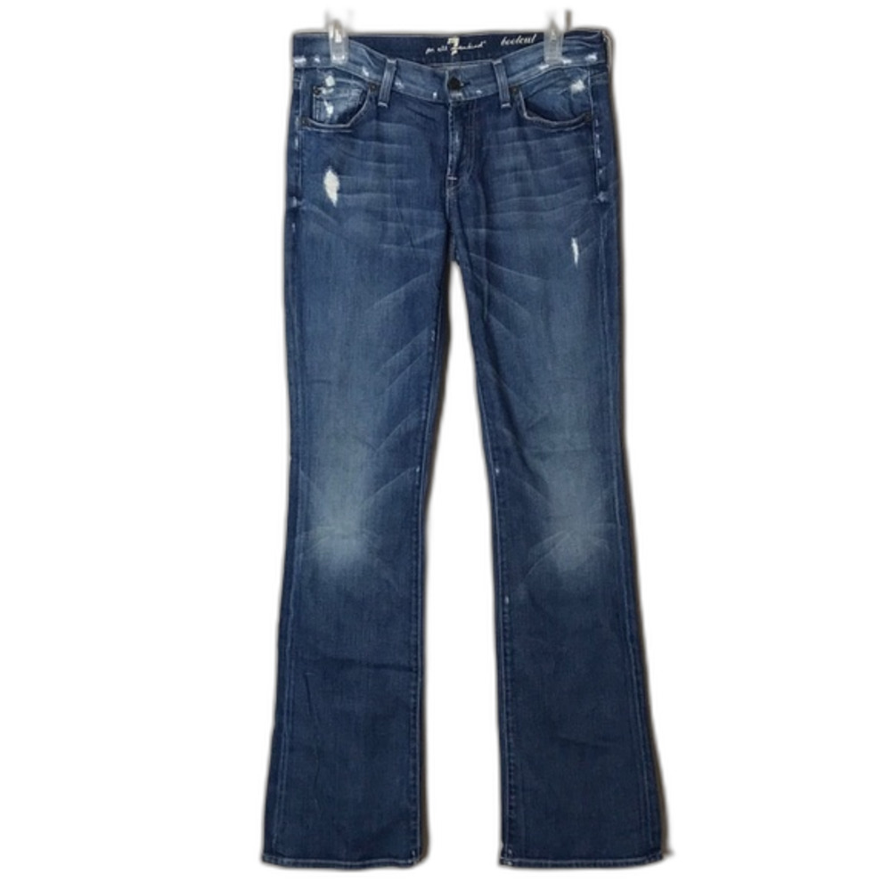 7 for all mankind distressed medium wash bootcut denim long denim jeans size 28